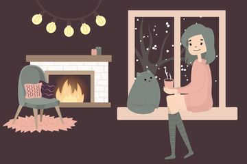 Cute girl sitting by the window with snow falling and read book with cat near. Cozy winter mood atmosphere. Illustration in cartoon flat style.