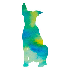 white background, watercolor silhouette of the dog green
