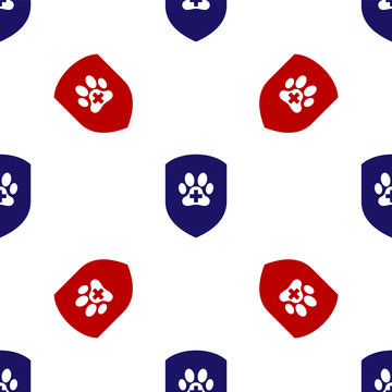 Blue And Red Animal Health Insurance Icon Isolated Seamless Pattern On White Background. Pet Protection Icon. Dog Or Cat Paw Print. Vector Illustration