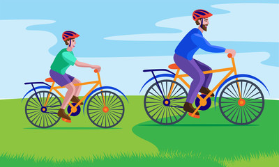 Fototapeta premium father and son cycling on grass ground