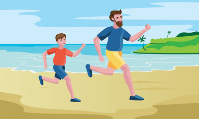 father and son running or jogging at seashore