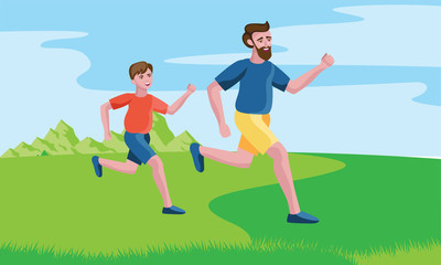 father and son running or jogging on grass
