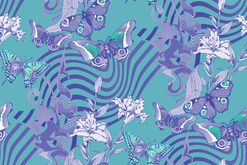 Fantastic flowers and butterflies. Seamless pattern. Vector illustration. Suitable for fabric, wrapping paper and the like