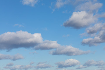 Sky clouds background. Many fluffy cumulus cloud. Soft focus copy space.