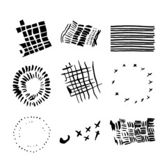 Winter solstice. Vector pattern, collection of hand drawn ink design elements, icons, illustrations. Winter countryside landscape frosty atmosphere. Tree rings, furrows, fields, low light