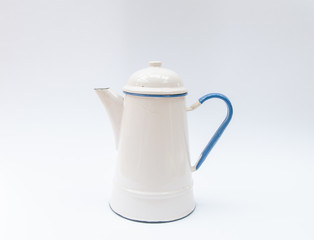 Traditional enamle kettle, jug white and blue colors - metal can, pouring