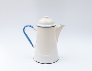 Traditional enamle kettle, jug white and blue colors - metal can, pouring