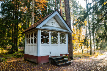 Kotka, Finland - 15 October 2019: Orthodox chapel in Emperor Alexander lll fishing lodge Langinkoski