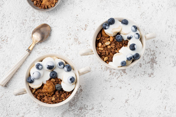 Granola, oatmeal with banana and berry food background