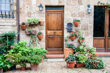 Fototapeta na wymiar Vintage wooden door on a background of flowers