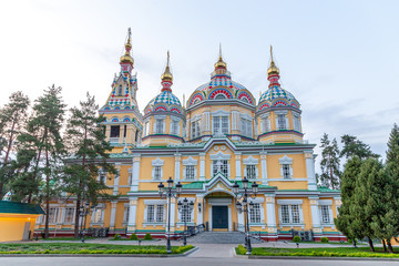 Fototapeta na wymiar Ascension Cathedral after the reconstruction 2018-2019. Almaty city, Kazakhstan republic.