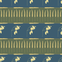 Vector Gold Fall Grass Plants on Blue and Green Stripes Background Seamless Repeat Pattern. Background for textiles, cards, manufacturing, wallpapers, print, gift wrap and scrapbooking.
