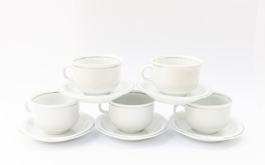 Set of white porcelain coffe cup with silver lines - isolated china ware, mass product