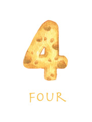 Cheese font 4 number. Symbol isolated on white background. Watercolor illustration.