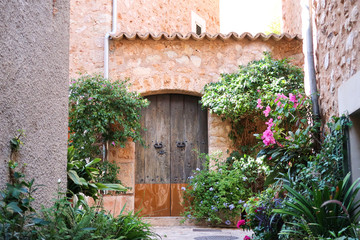 Old door on the flower street of the village