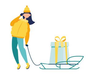 Flat illustration. Girl with long hair buy gift for relatives and lug on sled to home isolated character on white background. Walking Outdoors