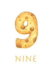 Cheese font 9 number. Symbol isolated on white background. Watercolor illustration.