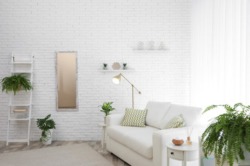 Stylish room interior with green home plants