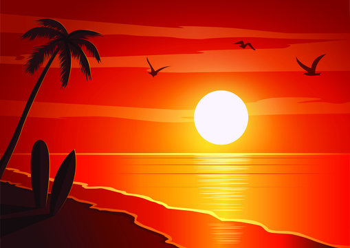 Vector image, background beautiful sunset on the beach