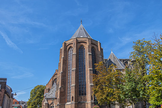 Details of XV Nieuwe Kerk (New Church, 1396 - 1496) on central Market square in Delft, Holland. New Church, with 108,5 m church tower - second highest church in the Netherlands.