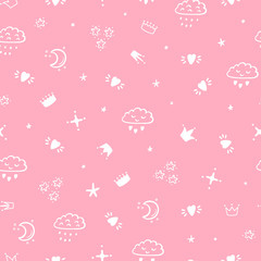 Cute Kids Pink White Background with Doodle Crown and Hearts, Clouds and Stars Vector Seamless Pattern. Fashion pattern for Baby, Little Girl Princess, Nursery, Baby Shower