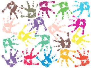 Colored baby hands set, palms, silhouette, imprint. Vector illustration.