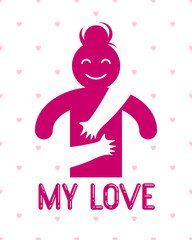 Beloved woman with care hands of a lover or friend hugging her around from behind, vector icon logo or illustration in simplistic symbolic style.