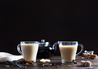 Flavoured masala Indian tea made by brewing black tea with milk, aromatic spices and herbs.