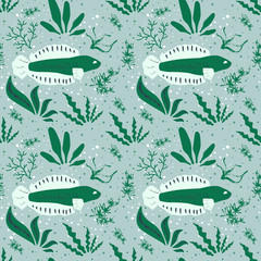 Nautical seamless pattern with white green fishes and seaweeds on blue background. Colored endless texture with hand drawn undersea world. Sea background. Aquarium. illustration