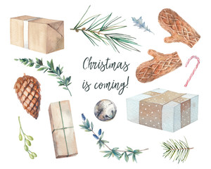 Christmas is coming. Watercolor set: gift box, bell, mittens, pine cone, fir, plants. Isolated winter objects for banner, headers, website, stickers