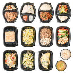 Diet meals for vegans. Food delivery set on white background.