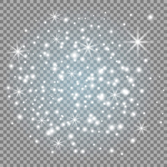 White flashes, sparks, stars. Vector Christmas abstract decor, pattern. Sparkling magic motes. Isolated background.