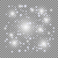 White flashes, sparks, stars. Vector Christmas abstract decor, pattern. Sparkling magic motes. Isolated background.