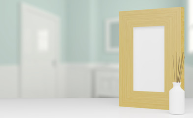 bathroom accessories and an empty picture frame on a white table, against a light interior. 3D rendering
