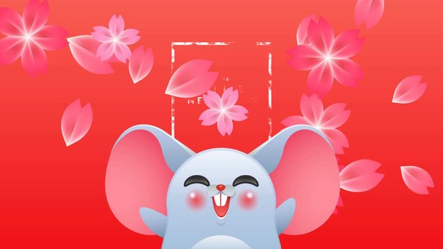 Chinese New Year of the rat 2020 cartoon animation. Cute mouse animal presents China festival waving with pink plum blossom flowers falling. Funny animated say hello new year video card 4k footage. 