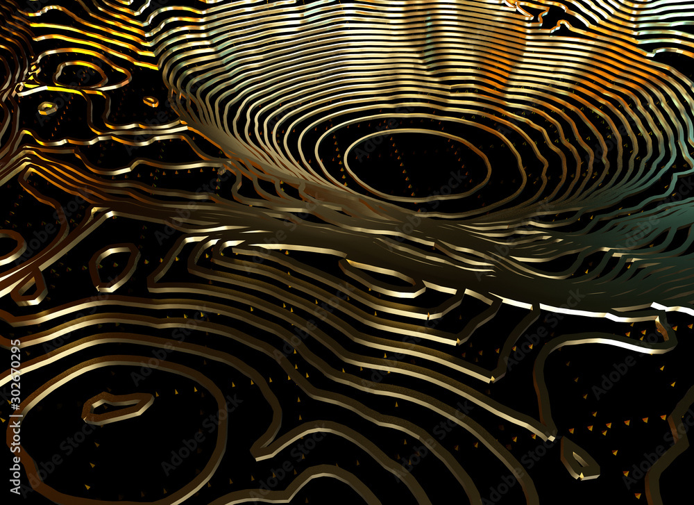 Aufkleber Abstract topographic map 3D background with shiny golden lines in sci-fi technology style. 3D illustration