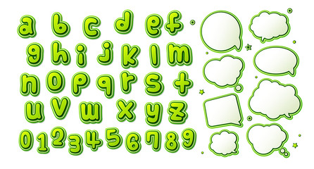 Comic font, cartoonish alphabet and speech bubbles