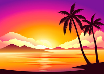 Obraz na płótnie Canvas Vector image, background beautiful sunset on the beach