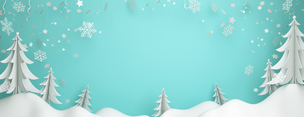 Winter abstract background design creative concept, snow icon, pine, spruce, fir tree art paper cut origami with blue pastel sky. Copy space text area. 3D rendering illustration.