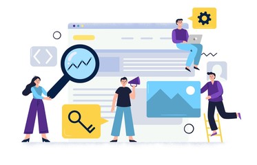 Creative concept of SEO optimization and Web banner marketing. Web developers working in team to improve site visits and conversions rate. Flat vector illustration.