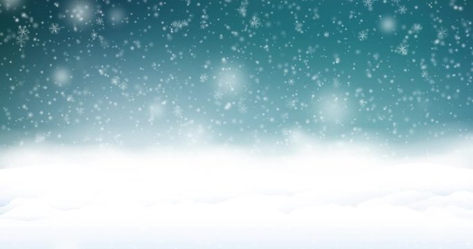 Snowstorm in the night. Winter background with snow banks in the snowfall. Decorative snowflakes.