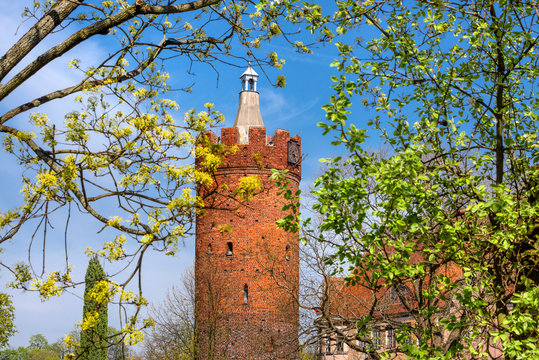Poland, Guben, Gubin: Old brick Tower (Werderturm or Wieza Bramy Ostrowskiej) in the city center of the small town near German Polish border with green trees and blue sky - travel history architecture