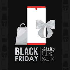 black friday sale poster with smartphone and shopping bags