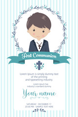 First communion boy. Child with communion dress and flower frame, in green and blue tones