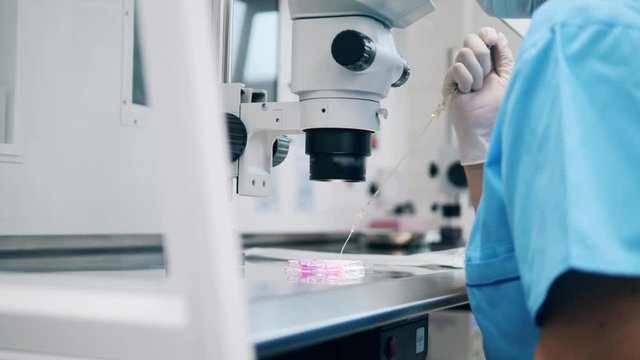 Chemistry lab worker is filling a tube with substance under a microscope
