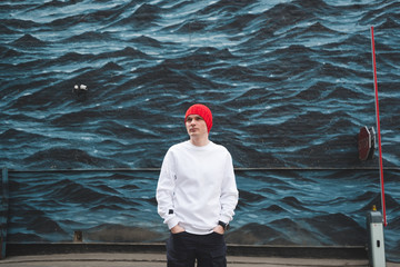 Young men walking through city