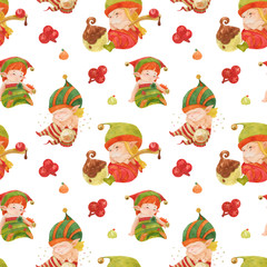 Christmas Elves Story pattern, baby elves with sweets and crystal ball on a white