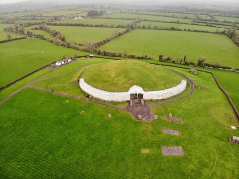 Aerial view of newgrange in the field
