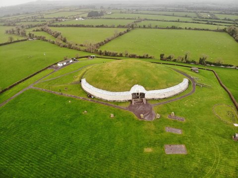 Aerial view of newgrange in the field