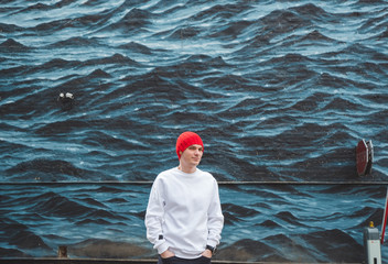 Young men walking through city